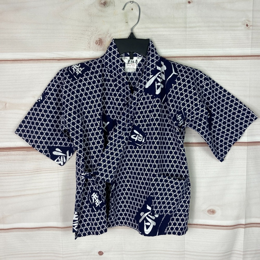 Juguemm Top Womens M Blue White Wrap Short Sleeve Geometric Kangi Graphic Cotton